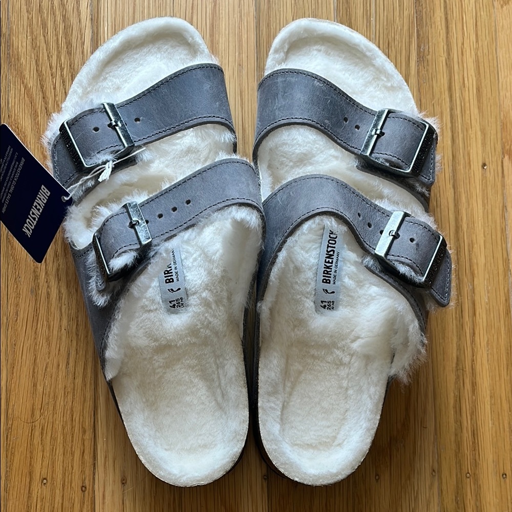 Birkenstock Arizona Shearling Sandals in “Stone Coin” color